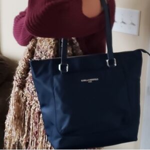 Karl Lagerfeld Saffiano Trim Nylon Tote Bag Blue Medium.